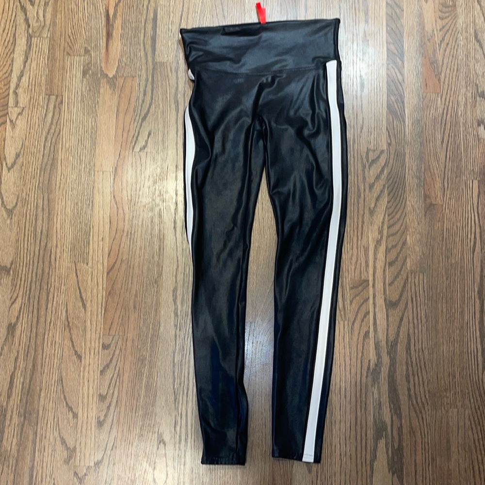 Spanx faux leather black leggings with white stripe, medium